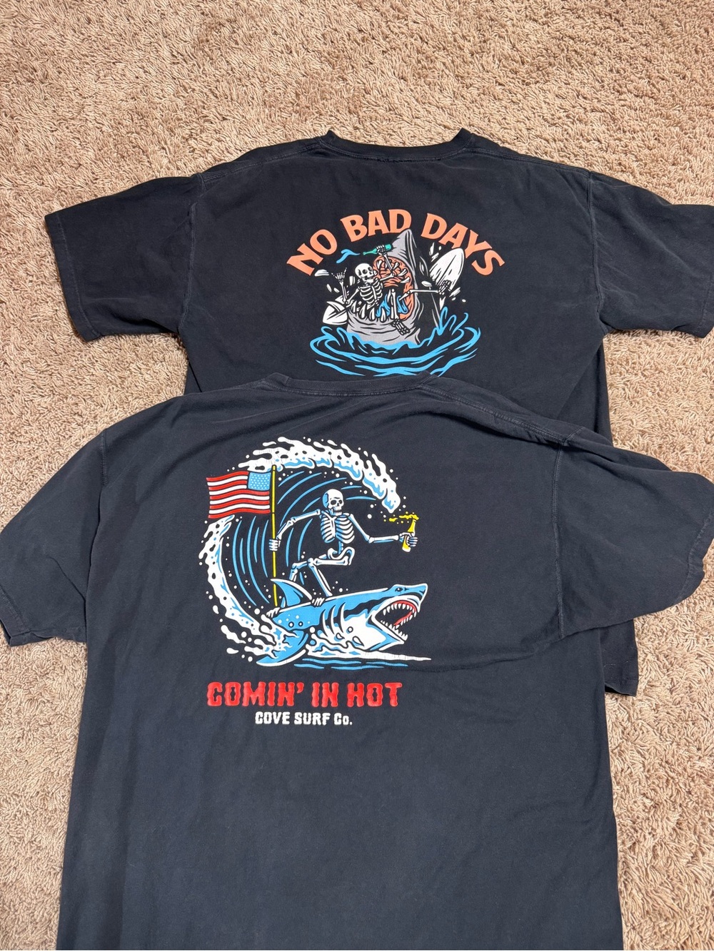 Cove Surf Co. 'Comin' In Hot' and ‘No Bad Days’ shirt